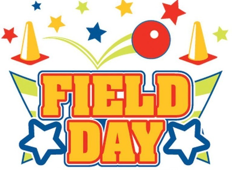 Colored stars, a red ball, yellow cones and the words "Field Day"