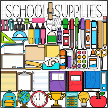 School Supplies pens, pencils, globe, clock, calculator, apple, scissors and paper