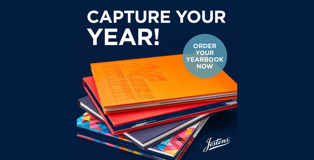 Photo of 4 yearbooks in a stack and the caption, Capture Your Year!  Order Your Yearbook Now.