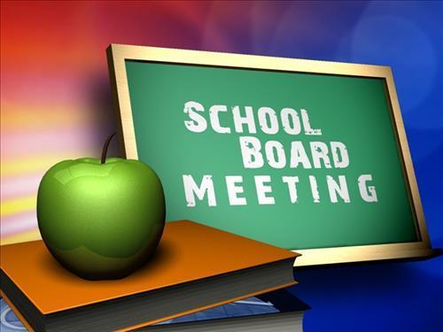 chalkboard with white lettering that says school board meeting, with a green apple on the left corner sitting on brown books. There is a rainbow background.